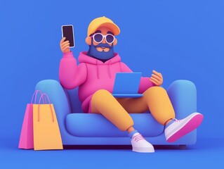 3D cartoon man sitting on a blue couch, holding his smartphone out in the direction