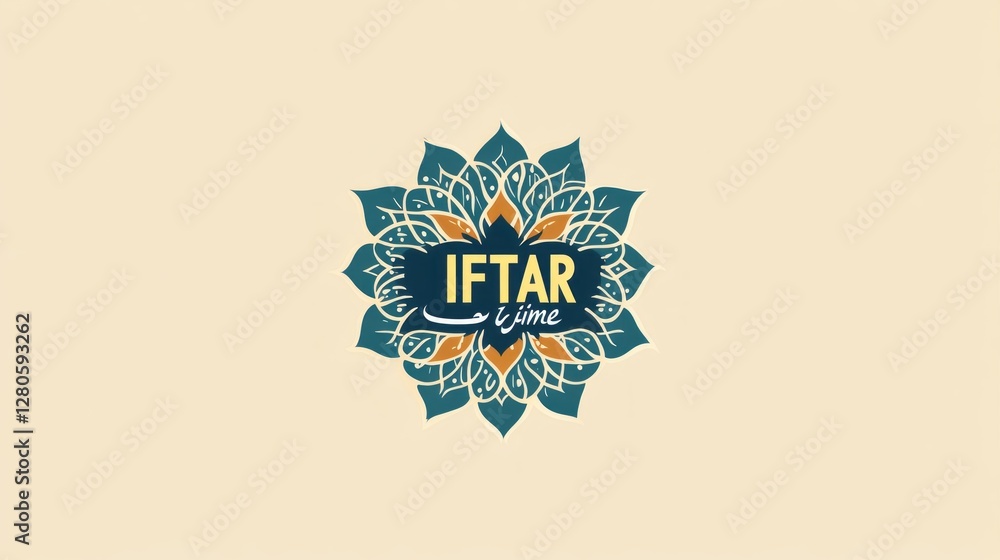 Poster in a serene setting, the phrase iftar time is elegantly presented amidst intricate patterns, invitin