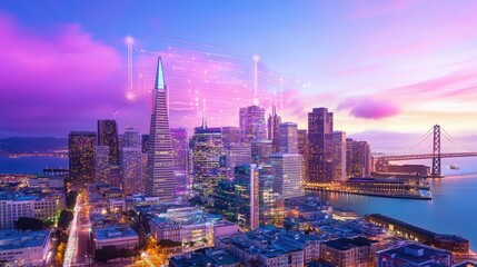 Fototapeta premium The San Francisco skyline at night, overlaid with glowing augmented reality charts, IoT connections, and metaverse-inspired holograms.
