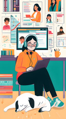 A cartoon-style illustration of an online student studying at home, surrounded by various digital devices displaying educational content
