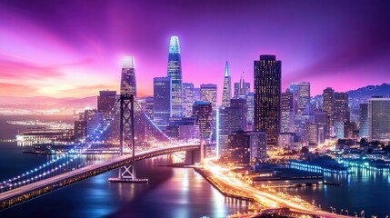 The San Francisco skyline at night, overlaid with glowing augmented reality charts, IoT connections, and metaverse-inspired holograms.