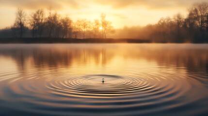  Tranquil lake at sunrise with water ripples from a droplet, reflecting golden light and misty trees.