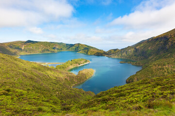 Lagoa de Fogo, volcanic crater lake at Agua de Pau, Sao Miguel island, Azores, view from Miradouro...