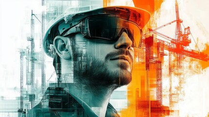 Construction worker wearing a hard hat and goggles looks ahead