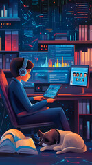 A cartoon-style illustration of an online student studying at home, surrounded by various digital devices displaying educational content

