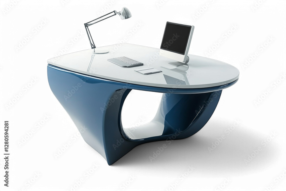 Poster futuristic curved desk with computer and lamp on sleek white surface