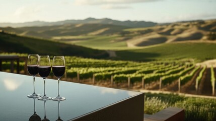 Alcohol consumption at a scenic vineyard with wine glasses and rolling hills. Featuring relaxation and luxury