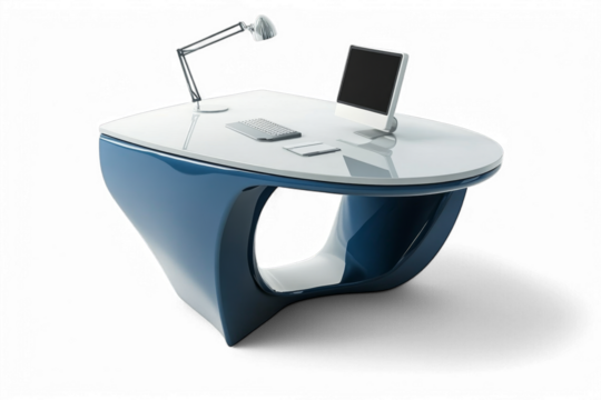 Futuristic curved desk with computer and lamp on sleek white surface