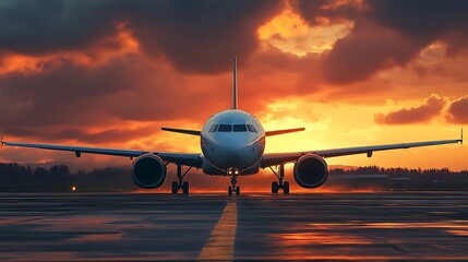 Airplane prepares for takeoff at stunning sunset, ready to fly