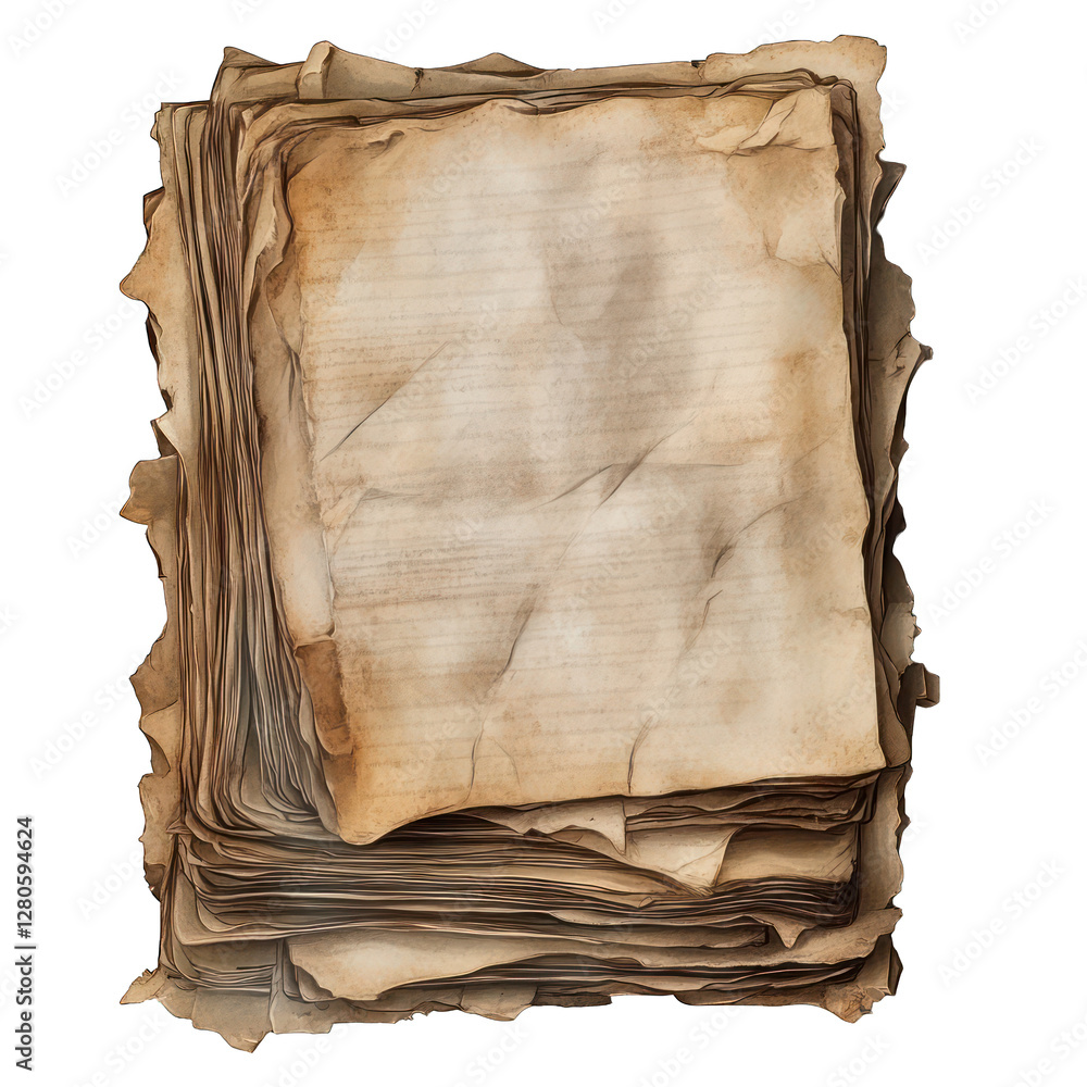 Poster torn ancient manuscript pages isolated on transparent background