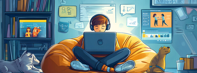 A cartoon-style illustration of an online student studying at home, surrounded by various digital devices displaying educational content
