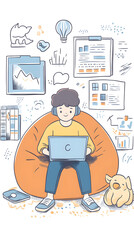 A cartoon-style illustration of an online student studying at home, surrounded by various digital devices displaying educational content
