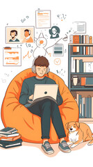 A cartoon-style illustration of an online student studying at home, surrounded by various digital devices displaying educational content
