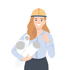 Confident Female Architect wearing a hard hat, holding rolled up blueprints, and giving a thumbs up. Flat vector illustration isolated on white background