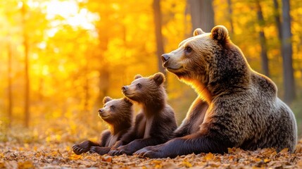 Fototapeta premium Autumn forest sunlit brown bear family