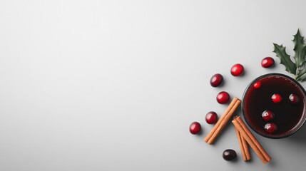 Warm beverage with cinnamon sticks and cranberries evokes festiv