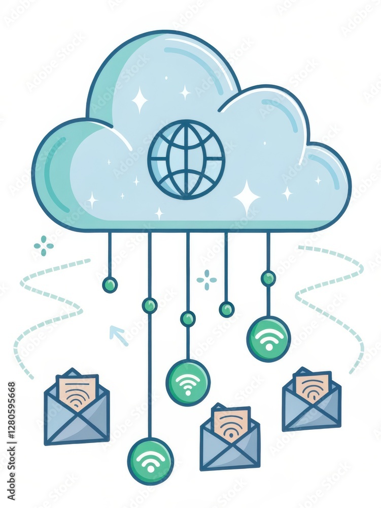 Poster a stylized illustration of a cloud with a globe and emails, depicting cloud computing and digital co