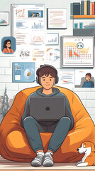 A cartoon-style illustration of an online student studying at home, surrounded by various digital devices displaying educational content

