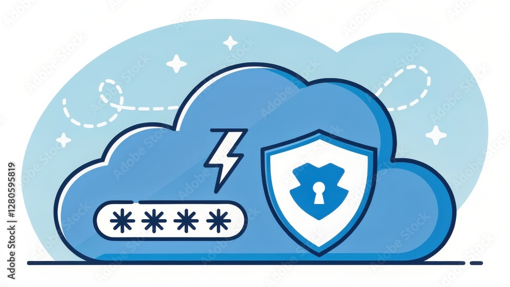 Poster a stylized cloud with a password symbol, lightning bolt, and shield, representing cloud security and