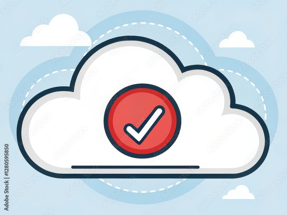 Poster a stylized cloud graphic with a red checkmark inside, symbolizing successful completion or approval 