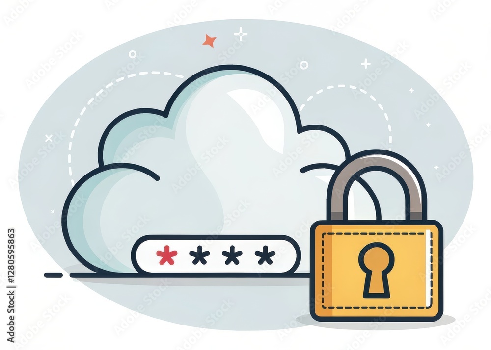 Poster a cloud icon with a password and a padlock symbolizes secure cloud storage and data protection.