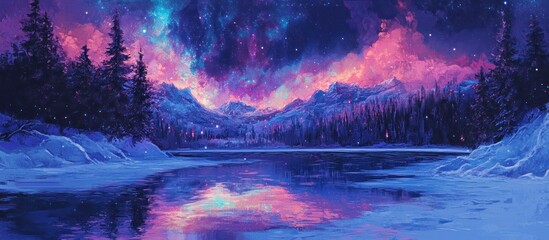 Obraz premium Magical winter landscape with vibrant sky, snowy mountains, and tranquil lake reflecting the colorful aurora.