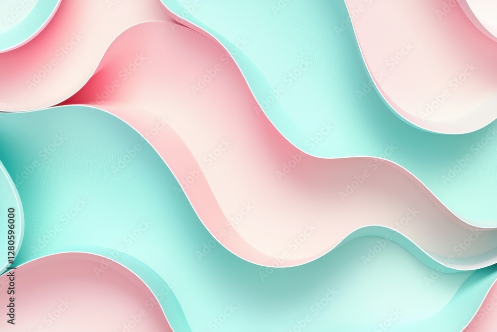 Poster abstract pastel background with wavy layers in pink and blue, creating a soft, fluid, and visually a