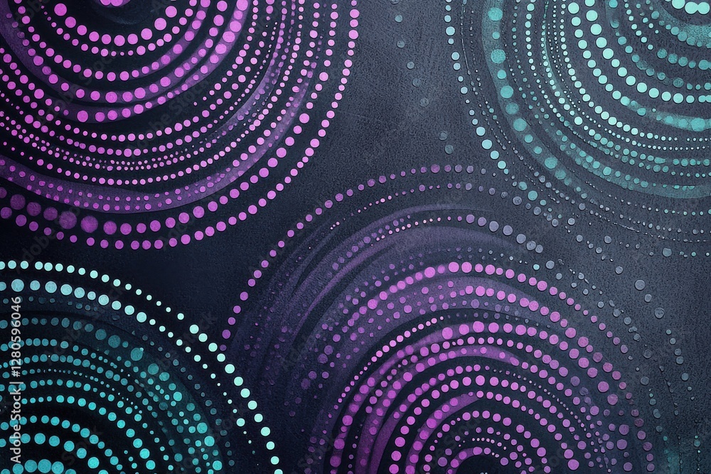 Poster abstract circles of vibrant purple and teal dots on a dark background creating a mesmerizing pattern