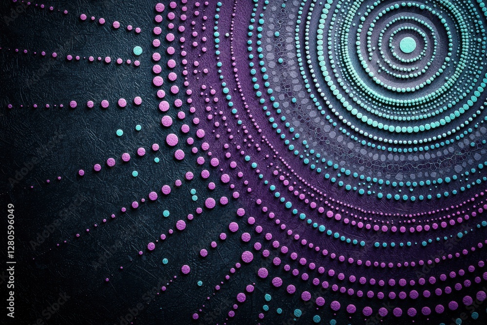 Poster abstract fractal background with concentric circles of blue and purple dots on a textured dark surfa