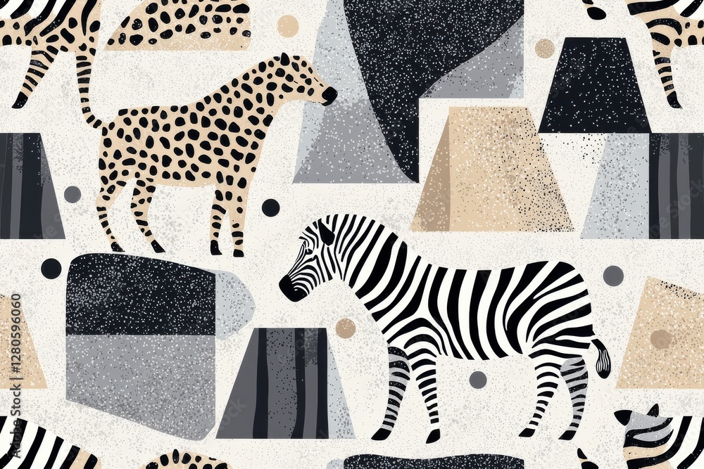 Poster whimsical safari pattern featuring zebras and cheetahs amidst geometric shapes, creating a playful a