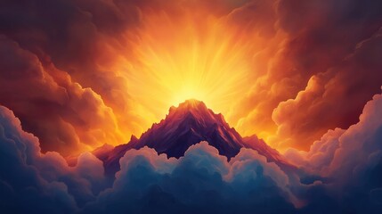 A vibrant sunrise illuminates a mountain peak, surrounded by clouds, creating a stunning display of colors in the sky.
