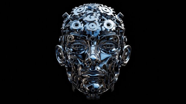 Futuristic human head design filled with interlocking gears representing the concept of artificial intelligence in a modern context. Generative AI