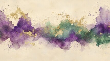 Fototapeta premium Abstract watercolor art, purple and green paint splashes, gold accents