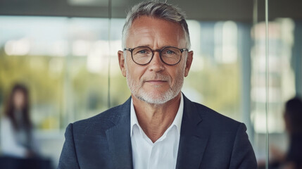Naklejka premium Confident businessman with glasses, gray hair, and beard, wearing suit. Professional setting with blurred background