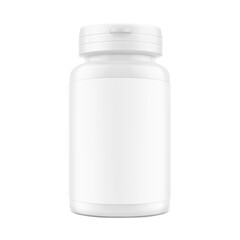 White plastic bottle container with snap-hinge cap. Vector illustration isolated on white background. Front view. Mockup perfect show your product with tamper evident push-on hinged cap. EPS10.