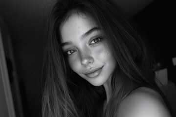 Monochrome portrait of a beautiful young woman with freckles and long dark hair, radiating a gentle smile, highlighting natural beauty and graceful charm.