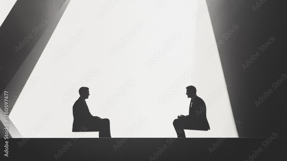 Poster two silhouettes negotiating in a minimalist setting during an evening discussion. generative ai