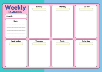 A colorful weekly planner template with space for daily tasks, a notes section, and a month selection field.