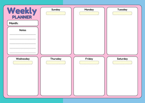 A colorful weekly planner template with space for daily tasks, a notes section, and a month selection field.