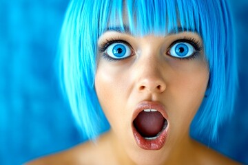 Commercial ad campaign idea. Short coiffure - blue hair. Gorgeous very startled mixed-race girl - for ads, marketing material and social media use. Chic fashion portraits. Bold glam ideas.
