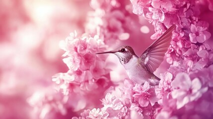 Fototapeta premium Hummingbird in flight amidst vibrant pink blossoms
