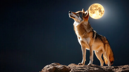 regal wolf standing on rocky outcrop under bright moon, exuding strength and majesty