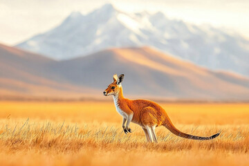Playful kangaroo hopping in serene meadow with mountains