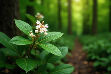 Bearberry bush with white flowers and small leaves, forest floor,