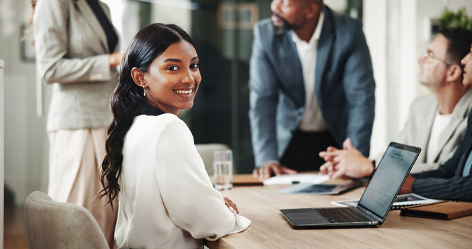 Portrait, intern and happy business woman in office with laptop at venture capital. Investment, professional worker and financial analyst in team meeting with data for private equity or profit growth