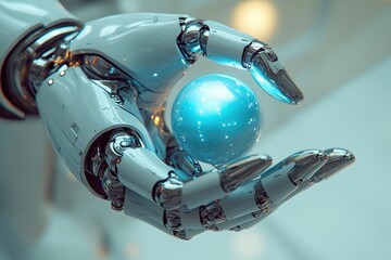 A robotic hand, meticulously crafted, gently cradles a glowing blue sphere, symbolizing technological advancement.