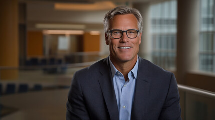Fototapeta premium professional man with glasses smiles confidently in modern office setting, showcasing friendly demeanor and approachable personality