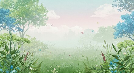 Serene meadow with butterflies and trees.