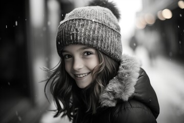 Portrait of a cute little girl in winter coat and hat on the street
