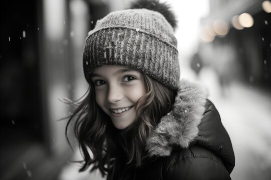 Portrait of a cute little girl in winter coat and hat on the street